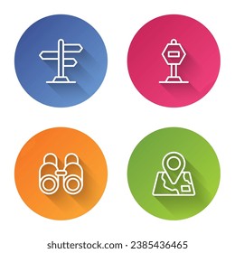 Set line Road traffic sign, Stop, Binoculars and Folded map with location marker. Color circle button. Vector