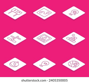Set line Road traffic sign, Route location, Search, Gps device error, Location with fountain, Compass and coffee cup icon. Vector
