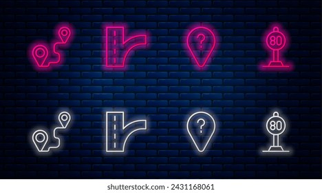 Set line Road traffic sign, Unknown route point, Route location and Speed limit. Glowing neon icon on brick wall. Vector