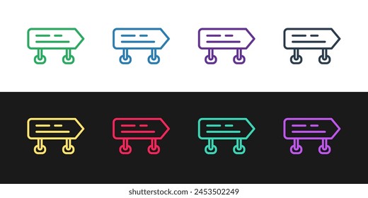 Set line Road traffic sign. Signpost icon isolated on black and white background. Pointer symbol. Isolated street information sign. Direction sign.  Vector