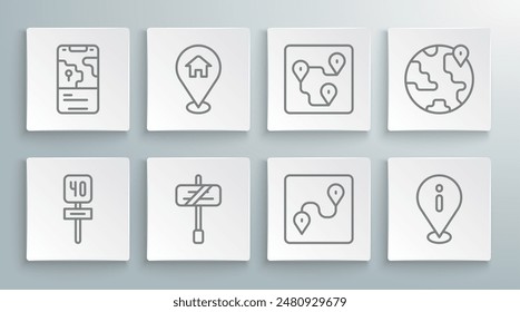 Set line Road traffic sign, Location with house, Route location, information, the globe and City map navigation icon. Vector