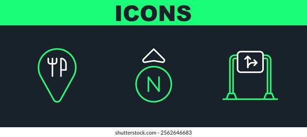 Set line Road traffic sign, Cafe and restaurant location and Compass icon. Vector