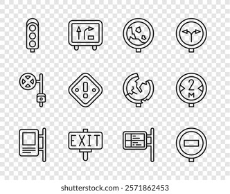 Set line Road traffic sign, Stop, warning rockfall, Fire exit, Traffic light, Exclamation mark triangle, ublic transport board and  icon. Vector