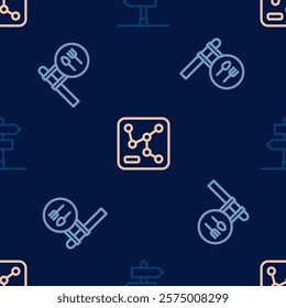Set line Road traffic sign, Cafe and restaurant location and Railway map on seamless pattern. Vector
