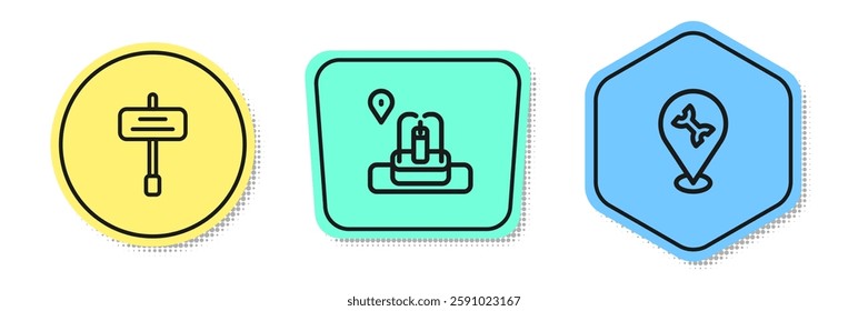 Set line Road traffic sign, Location with fountain and Car service. Colored shapes. Vector