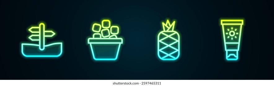 Set line Road traffic sign, Ice bucket, Pineapple and Sunscreen cream tube. Glowing neon icon. Vector
