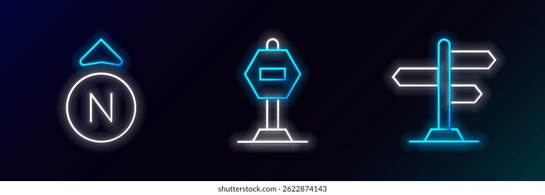 Set line Road traffic sign, Compass and Stop icon. Glowing neon. Vector