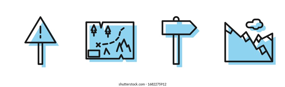 Set line Road traffic signpost, Exclamation mark in triangle, Folded map with location and Mountains icon. Vector