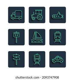 Set line Road traffic signpost, Train and railway, Taxi car, Submarine, Yacht sailboat, Delivery cargo truck and  icon. Vector
