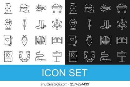 Set line Road traffic signpost, Saloon door, Hexagram sheriff, Spur, Indian feather, Location cowboy, Cactus and Cowboy boot icon. Vector