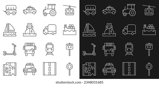 Set line Road traffic signpost, Cargo ship with boxes, Tractor, Yacht sailboat, Wild west covered wagon and Delivery cargo truck icon. Vector