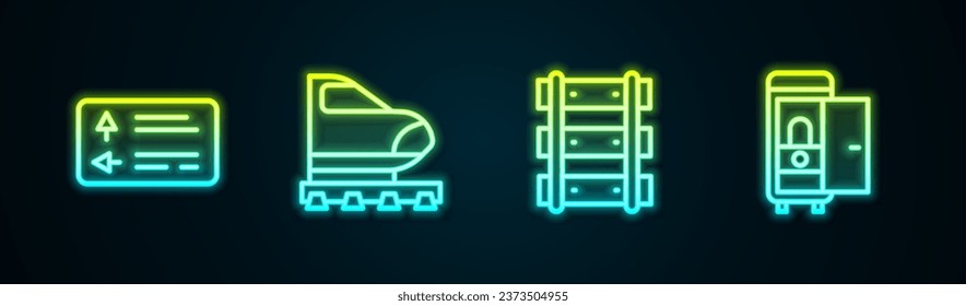 Fijar la línea de señalización de tráfico de carretera, tren de alta velocidad, ferrocarril, ferrocarril y Toilet el coche. Icono de neón brillante. Vector