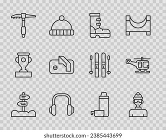 Set line Road traffic signpost, Winter athlete, Waterproof rubber boot, headphones, Ice axe, hockey goal, Thermos container and Rescue helicopter icon. Vector