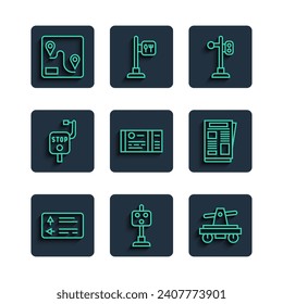 Fijar la línea Señal de tráfico de carretera, luz de tren, Draisine o handcar, boleto, freno de emergencia, ubicación de ruta e icono de noticias. Vector