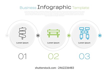 Set line Road traffic signpost, Bench and Binoculars. Business infographic template. Vector