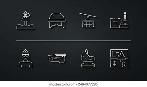 Señalización de tráfico, atleta de invierno, deriva de nieve de pala, patines, rifle de biatlón, casco de hockey, mapa plegado e icono del teleférico. Vector