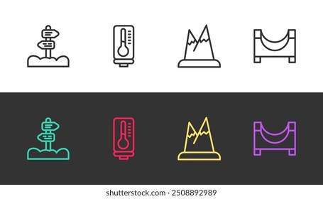 Set line Road traffic signpost, Meteorology thermometer, Mountains and Skate park on black and white. Vector