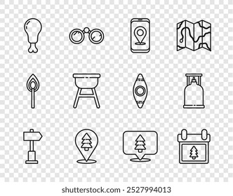 Fije la línea Señal de tráfico de la carretera, calendario con árbol, navegación del mapa de la ciudad, Locación del bosque, pierna de pollo, parrilla de la barbacoa, e icono de la estufa de gas del camping. Vector