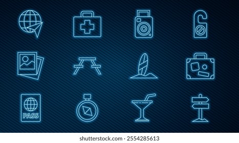 Set line Road traffic signpost, Suitcase, Photo camera, Picnic table with benches, Globe flying plane, Surfboard and First aid kit icon. Vector