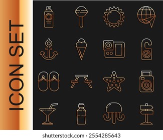 Set line Road traffic signpost, Photo camera, Please do not disturb, Sun, Ice cream in waffle cone, Anchor, Sunscreen spray bottle and  icon. Vector