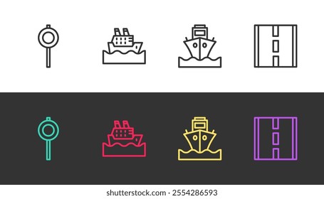 Set line Road traffic signpost, Cruise ship, Cargo and  on black and white. Vector