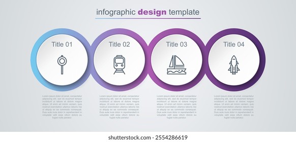 Set line Road traffic signpost, Train and railway, Yacht sailboat and Rocket ship with fire. Business infographic template. Vector
