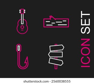 Set line Road traffic signpost, Fishing hook, Wooden log and Guitar icon. Vector