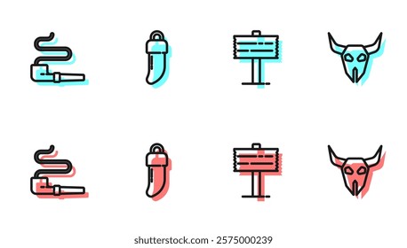 Set line Road traffic signpost, Smoking pipe, Tooth and Buffalo skull icon. Vector