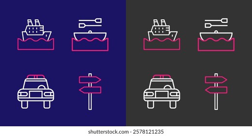 Set line Road traffic signpost, Police car and flasher, Boat with oars and Cruise ship icon. Vector