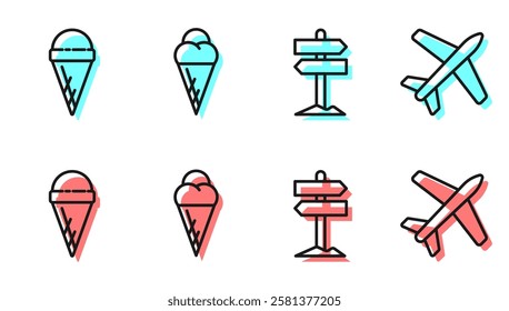 Set line Road traffic signpost, Ice cream in waffle cone, Ice cream in waffle cone and Plane icon. Vector