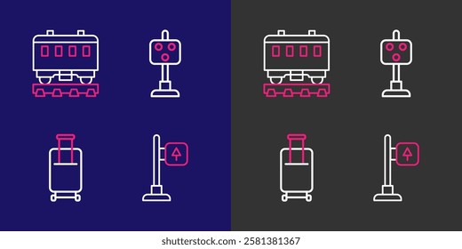 Set line Road traffic signpost, Suitcase, Train light and Passenger train cars icon. Vector