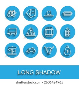 Set line Road traffic signpost, Wild west covered wagon, Western stagecoach, Buffalo skull, Money bag, Church building, Detonate dynamite bomb stick and Wooden barrel icon. Vector