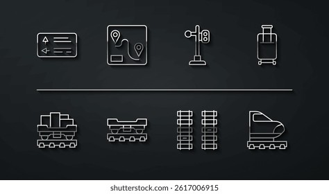 Set line Road traffic signpost, Cargo train wagon, Suitcase, Railway, railroad track, Route location, High-speed and Train light icon. Vector
