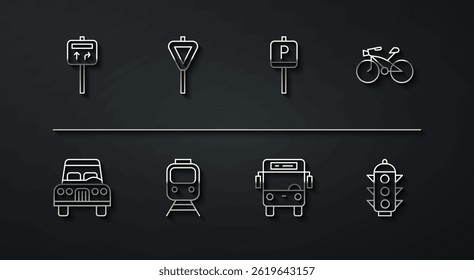 Set line Road traffic signpost, Car, Bicycle, Bus, Train and railway, Traffic light and Parking icon. Vector