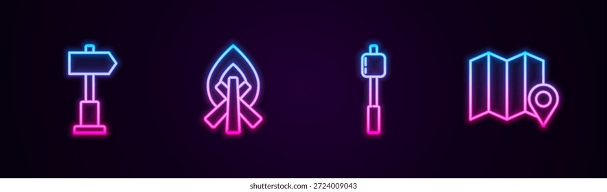Fije la línea Señal de tráfico vial, fogata, malvavisco en palo y Locación del mapa forestal. Icono de neón brillante. Vector