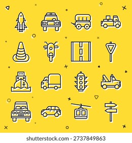 Set line Road traffic signpost, Tow truck, Wild west covered wagon, Scooter, Traffic cone, Rocket ship with fire and  icon. Vector