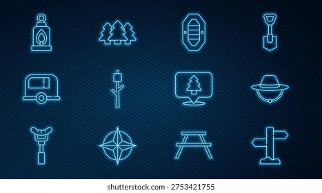 Set line Road traffic signpost, Camping hat, Rafting boat, Marshmallow on stick, Rv trailer, lantern, Location of the forest and Forest icon. Vector