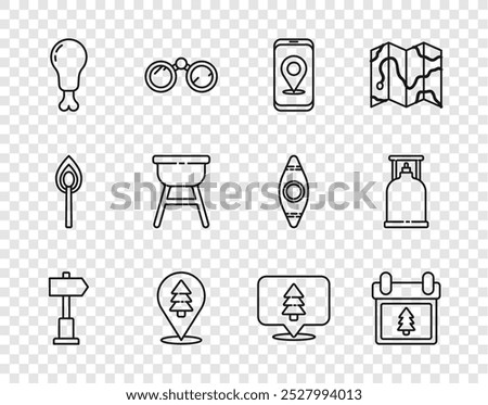 Set line Road traffic signpost, Calendar with tree, City map navigation, Location of the forest, Chicken leg, Barbecue grill,  and Camping gas stove icon. Vector