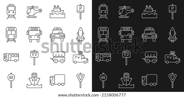 Set line Road traffic signpost, TV News car,\
Rocket ship with fire, Cruise, Bus, Train and railway,  and Police\
flasher icon. Vector