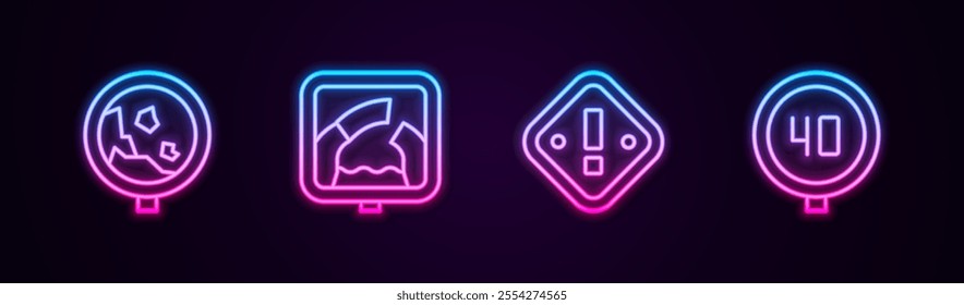 Set line Road warning rockfall, Drawbridge ahead, Exclamation mark triangle and Speed limit traffic. Glowing neon icon. Vector