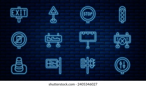 Set line Road warning two way traffic, barrier, Stop sign, No cell phone, Fire exit, Billboard with lights and Triangle blank icon. Vector