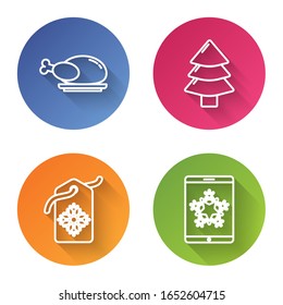 Set line Roasted turkey or chicken, Christmas tree, Price tag with an inscription Sale and Christmas on smartphone and snowflake. Color circle button. Vector