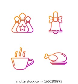 Set line Roasted turkey or chicken, Coffee cup, Santa Claus bag gift and Merry Christmas ringing bell. Gradient color icons. Vector