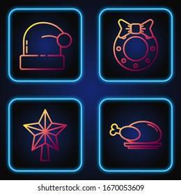 Set line Roasted turkey or chicken, Christmas star, Christmas Santa Claus hat and Christmas wreath. Gradient color icons. Vector