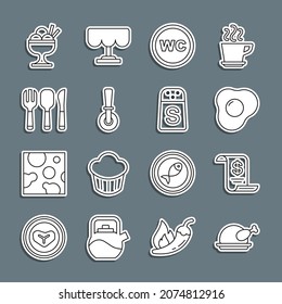 Set line Roasted turkey or chicken, Paper financial check, Scrambled eggs, Toilet, Pizza knife, Fork, spoon and, Ice cream bowl and Salt icon. Vector