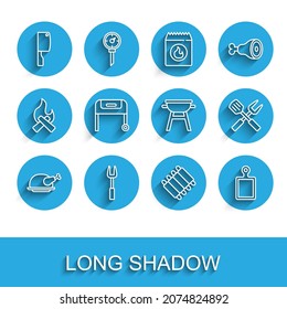 Set line Roasted turkey or chicken, Barbecue fork, Meat chopper, Grilled pork bbq ribs, Cutting board, grill, Crossed and spatula and  icon. Vector