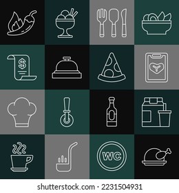 Set line Roasted turkey or chicken, Online ordering and delivery, Restaurant cafe menu, Fork, spoon knife, Hotel service bell, Paper financial check, chili pepper pod and Slice of pizza icon. Vector