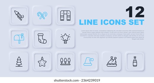 Set line Roasted turkey or chicken, Champagne bottle, Christmas stocking, Santa Claus hat, Mail box, star, Candy cane with stripes and lights icon. Vector