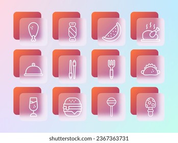 Set line Roasted turkey or chicken, Burger, Fork, Lollipop, Food chopsticks, Watermelon, Chicken leg and Candy icon. Vector