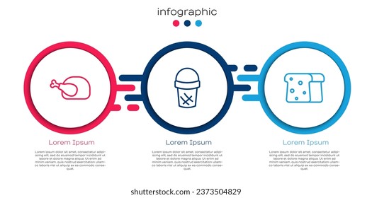 Set line Roasted turkey or chicken, Ice cream in waffle and Bread toast. Business infographic template. Vector